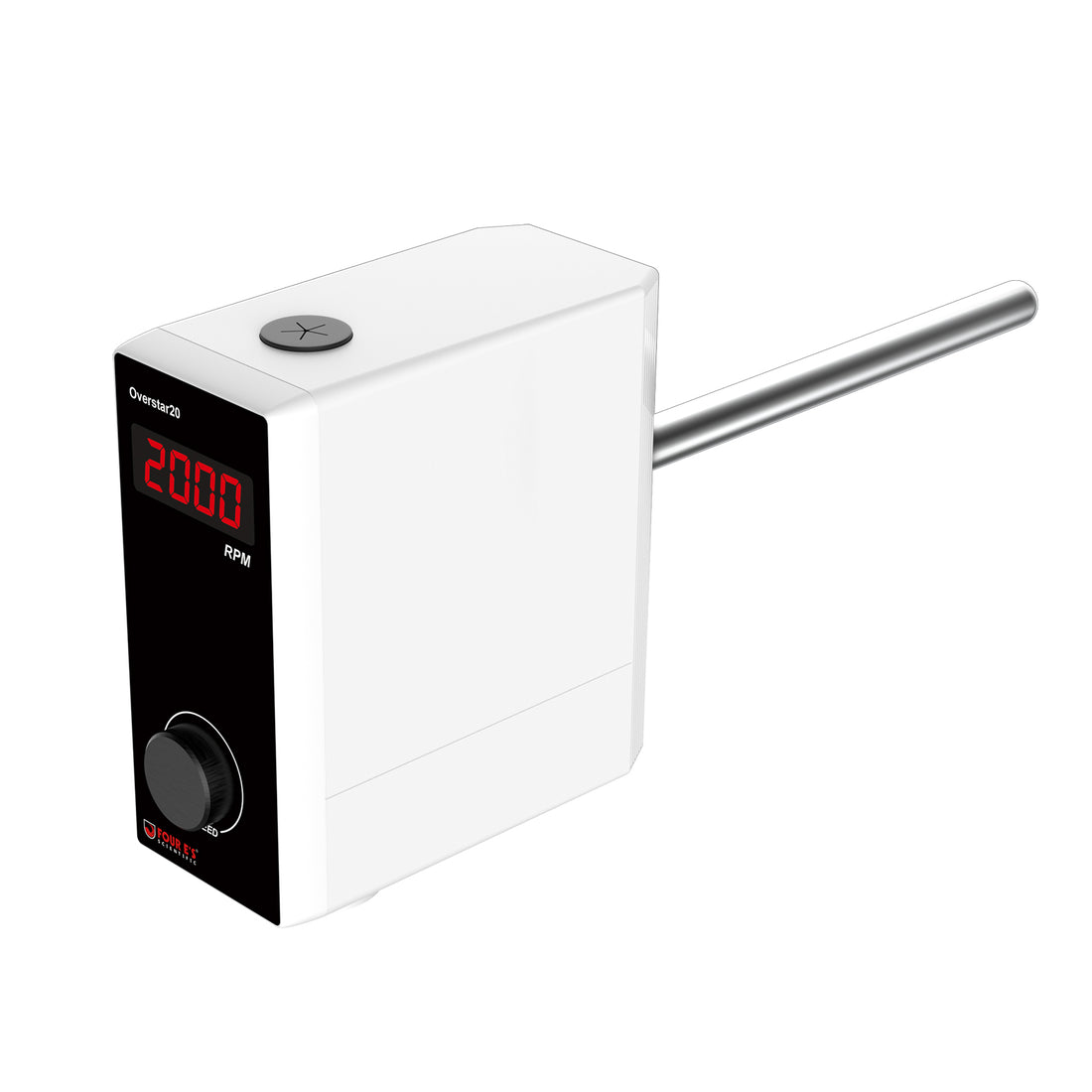 White 4E's overhead stirrer featuring a digital red display, black control knob, and a horizontal metal support rod.