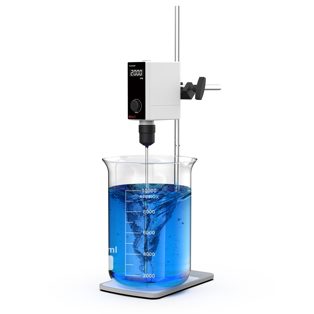 A 4E's white overhead stirrer mounted on a metal stand, mixing a blue liquid in a large glass beaker.
