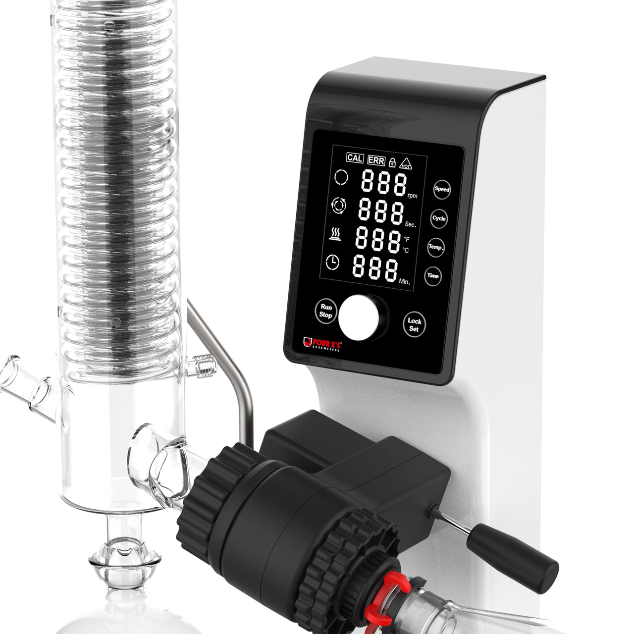 Close-up of a 4E's rotary evaporator featuring a digital LED display, black control buttons, glass condenser, and black