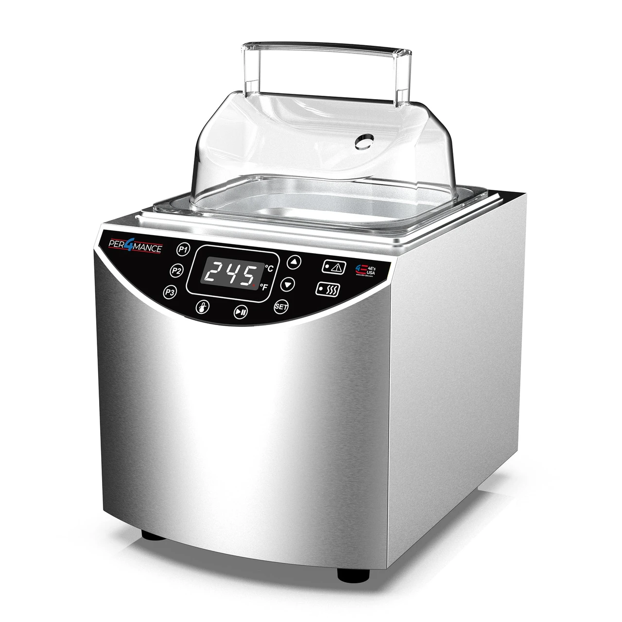 Stainless steel 4E's P4M laboratory water bath with digital display and transparent domed lid.