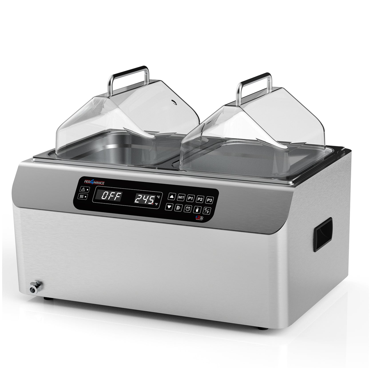 Stainless steel dual-chamber laboratory water bath with clear angled lids and digital control panel.