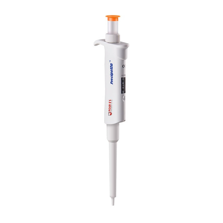 A white 4E's single-channel adjustable pipette with an orange plunger button against a white background.