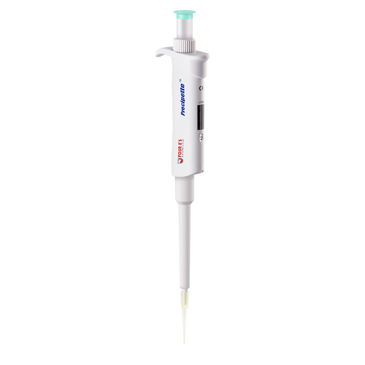 White 4E's single-channel adjustable pipette with a green plunger and attached yellow tip, centered on white.
