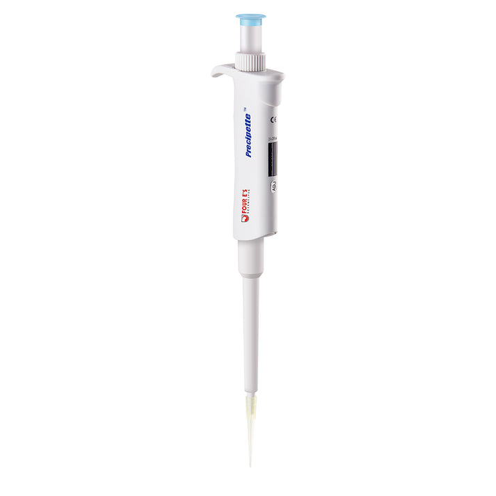 White 4E's Precipette adjustable single-channel pipette with a yellow disposable tip attached vertically.
