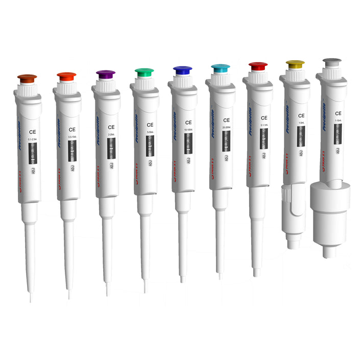 A lineup of nine colorful, white plastic adjustable single-channel laboratory pipettes.