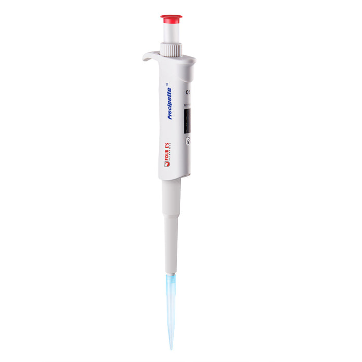 White and grey 4E's single-channel adjustable pipette with a red plunger and attached blue tip.