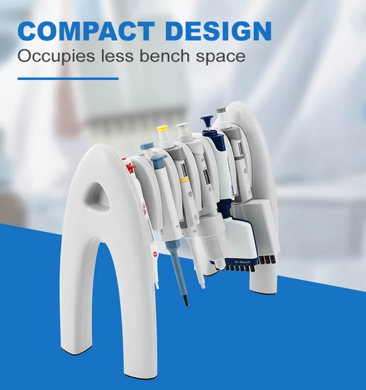 White 6-slot pipette stand holding a row of six assorted multi-channel and single-channel pipettes.