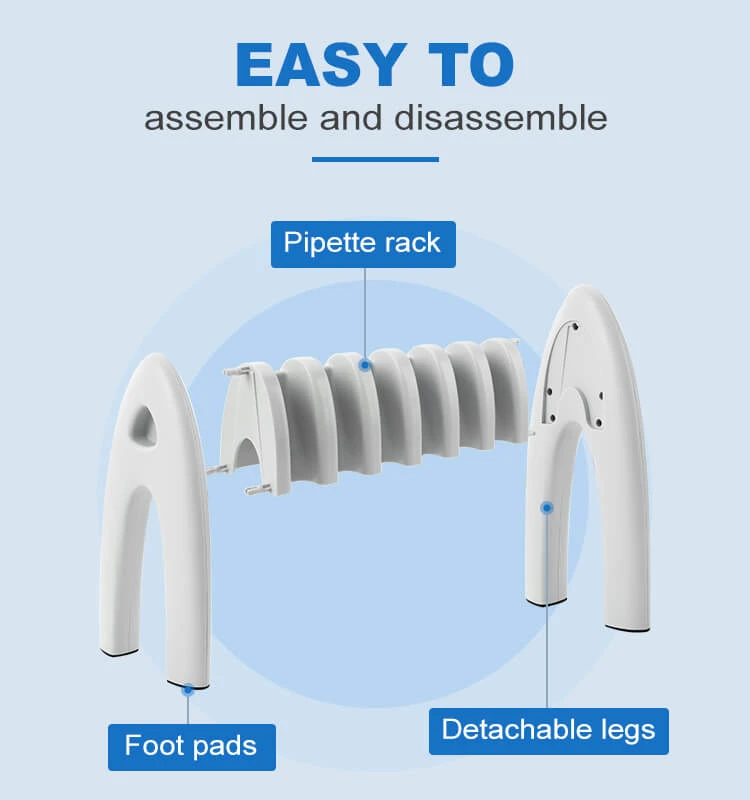 An exploded view of the white 4E's 6-slot pipette stand, showing its detachable legs and foot pads.