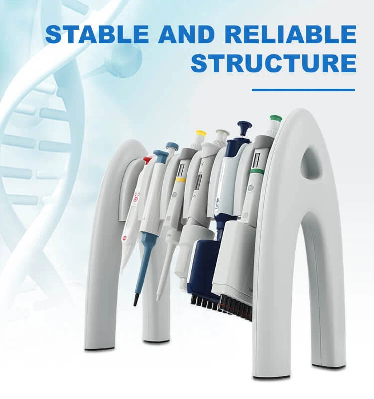 White 4E's 6-slot pipette stand holding various colorful lab pipettes in a laboratory setting.