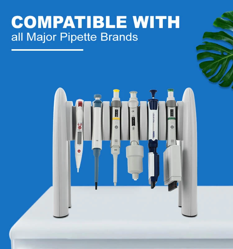 White six-slot pipette stand holding six different laboratory pipettes on a white surface against a blue background.