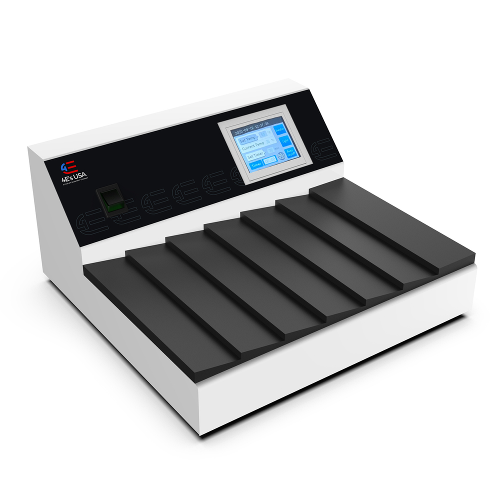 White and black 4E's microscope slide warmer with touchscreen controls and six angled slots.