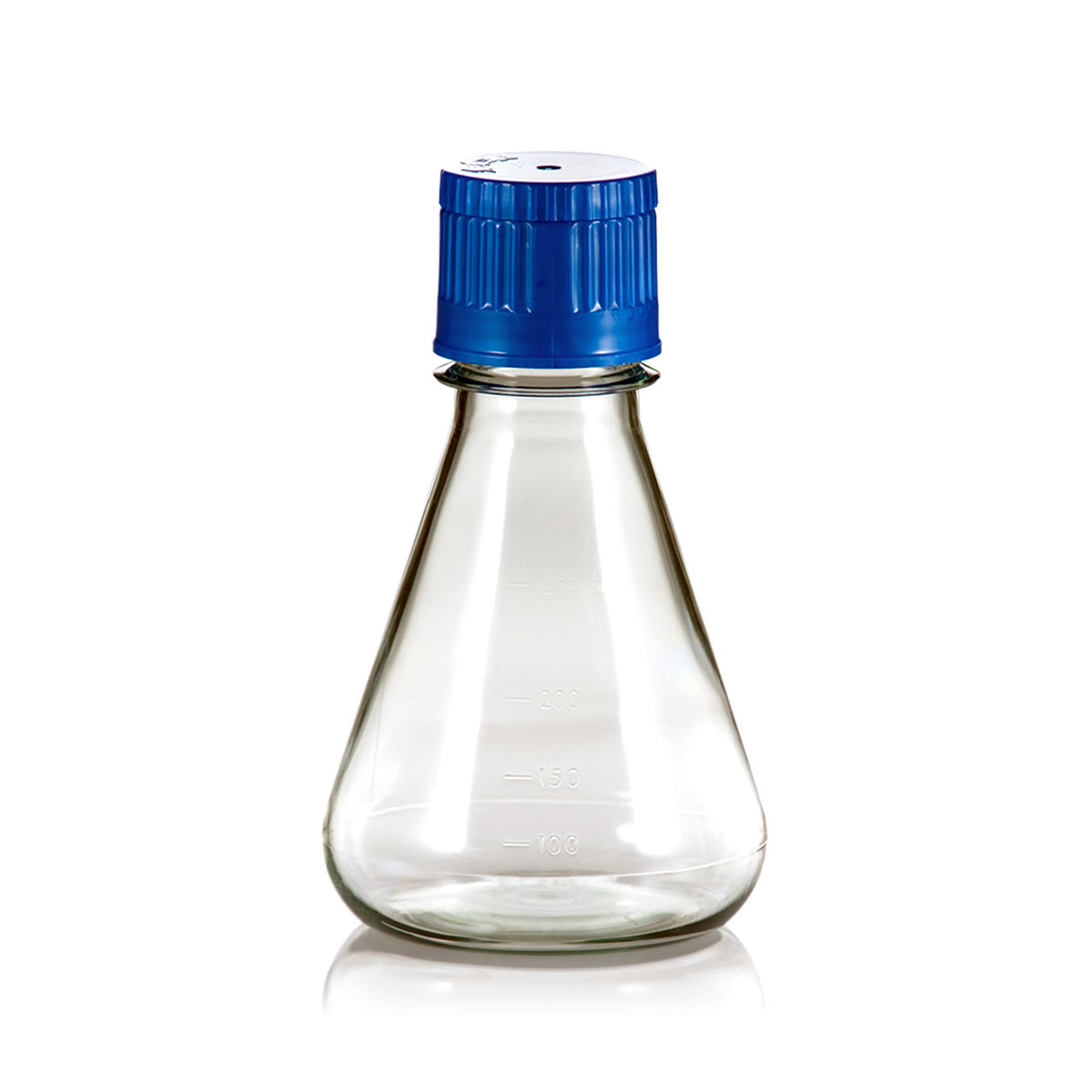 Clear polycarbonate 250mL Erlenmeyer flask with a blue screw cap, viewed from the front.