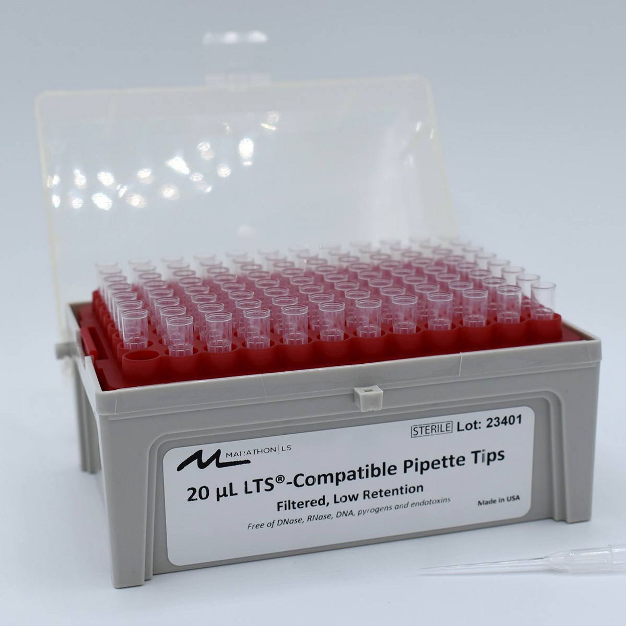 20uL LTS Compatible Pipette Tips, Filtered, Sterile, Low Retention, 96 tips per rack, 10 racks per pack 20uL LTS Compatible Pipette Tips, Filtered, Sterile, Low Retention, 96 tips per rack, 10 racks per pack
