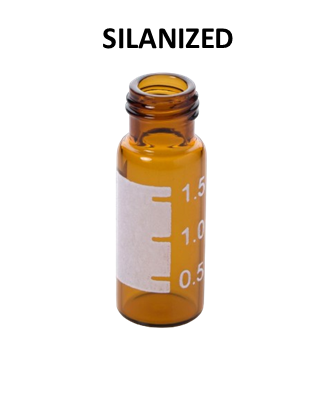 Amber glass autosampler vial with writing area, graduations, and silanized label above.