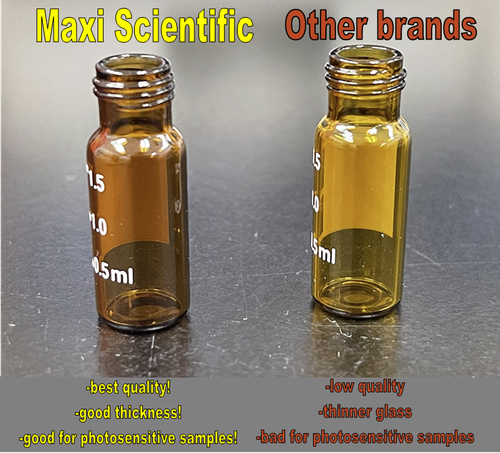 A comparison of two amber glass autosampler vials, showing darker, thicker glass on the left and lighter, thinner glass on