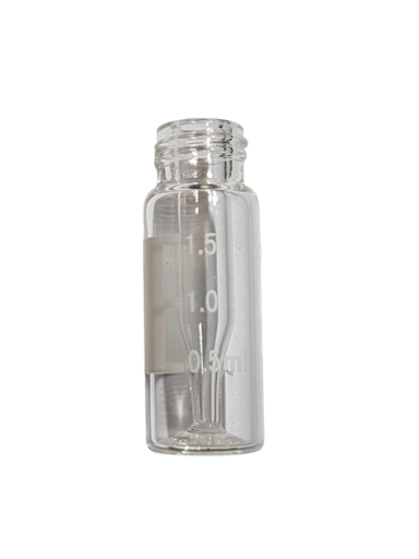 Clear glass 2mL autosampler vial with 9-425 thread, white writing patch, graduations, and fused 300uL insert.