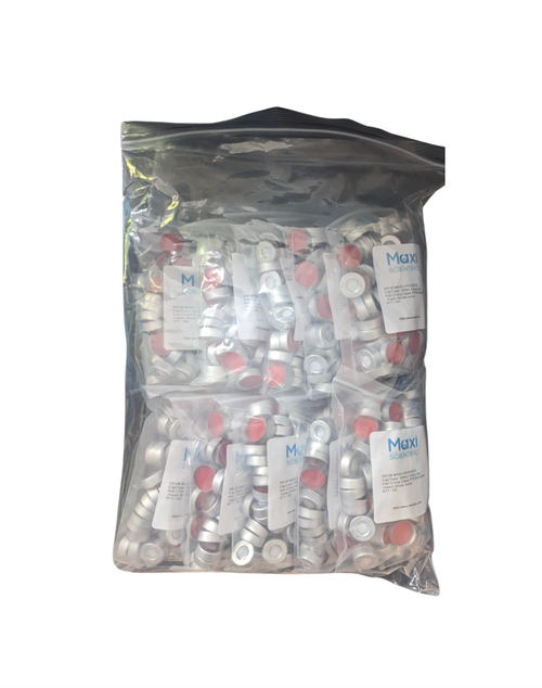 Clear plastic outer bag containing eight small packs of silver headspace vial caps with red septa.