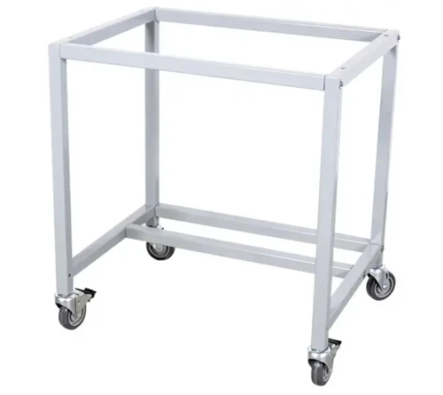 Light gray metal mobile cart frame with four caster wheels, viewed from a high angle.