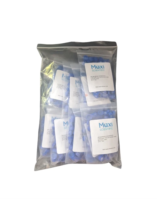 Clear plastic case containing ten smaller bags of blue screw-caps for 2mL vials.