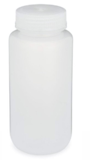 A translucent white plastic laboratory bottle with a matching screw cap, viewed from the front.