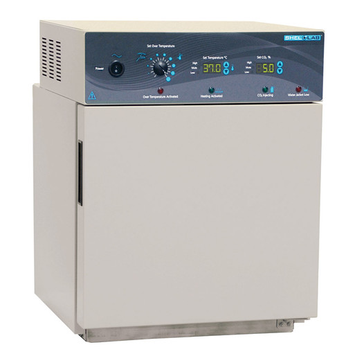 Beige Shel Lab water-jacketed CO2 incubator with control panel on top and closed door.