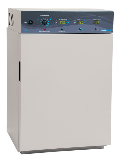 Beige Shel Lab water-jacketed CO2 incubator with control panel and digital displays.