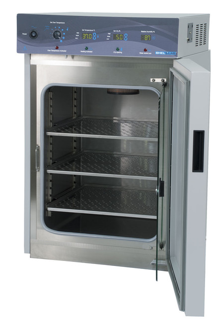 Shel Lab stainless steel CO2 incubator with three shelves and open front glass door.