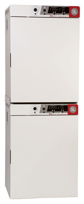 Stacked white Shel Lab CO2 incubator dual chamber with digital control panels.