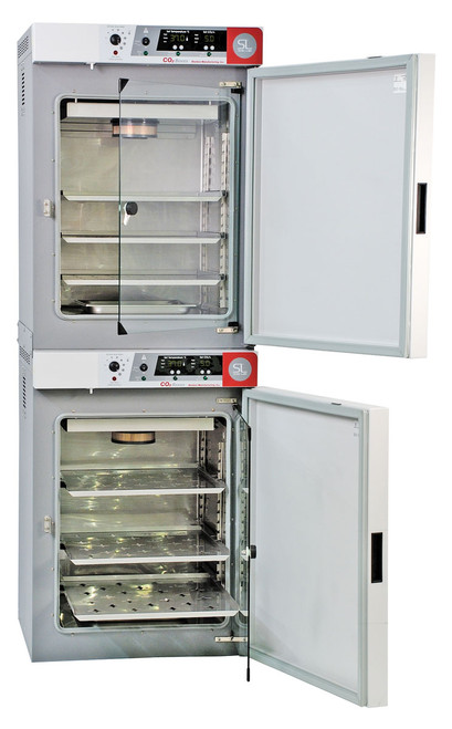 Sheldon Manufacturing dual-chamber CO2 incubator with stainless steel interior and open doors.
