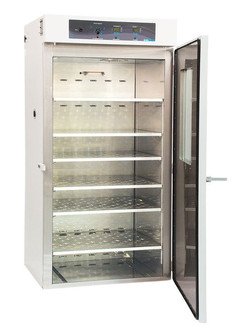 Large white and stainless steel Sheldon CO2 incubator with open door, showing interior shelves and control panel.