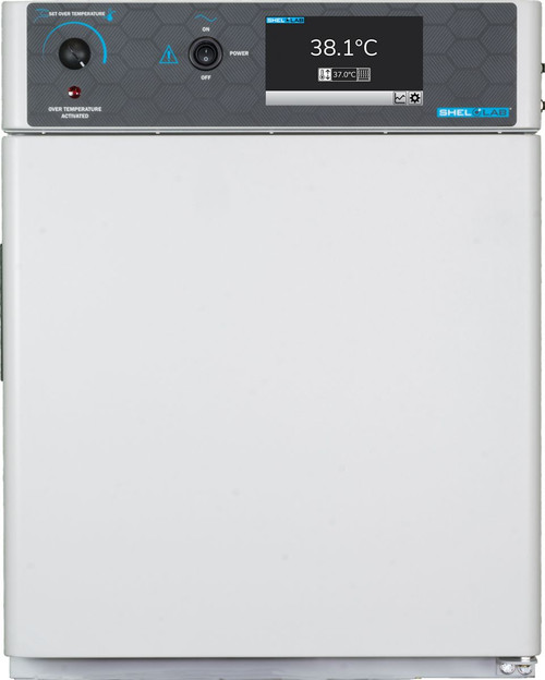 Front view of a white Sheldon Manufacturing laboratory incubator with a digital control panel display.