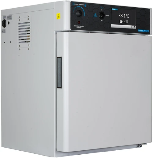 White Shel Lab benchtop incubator with black touch screen displaying 38.1 degrees Celsius.