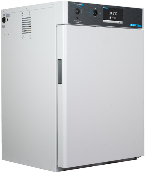 White Sheldon Lab microbiological incubator with front door, control panel, and digital display.