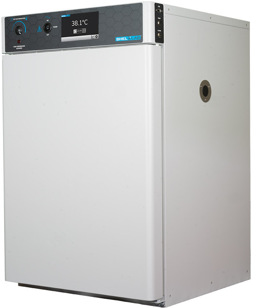 White SHEL LAB laboratory incubator with black top control panel and touch screen, angled view.