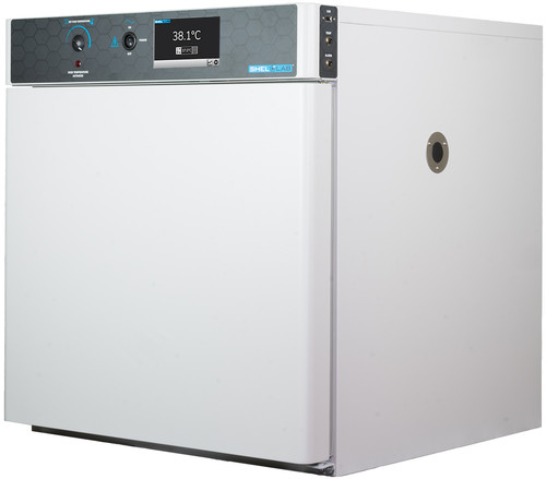 A white laboratory incubator with a touch screen control panel and a solid door.