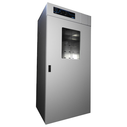 Large grey Sheldon Manufacturing incubator with solid door, glass viewing window, and top digital control panel.