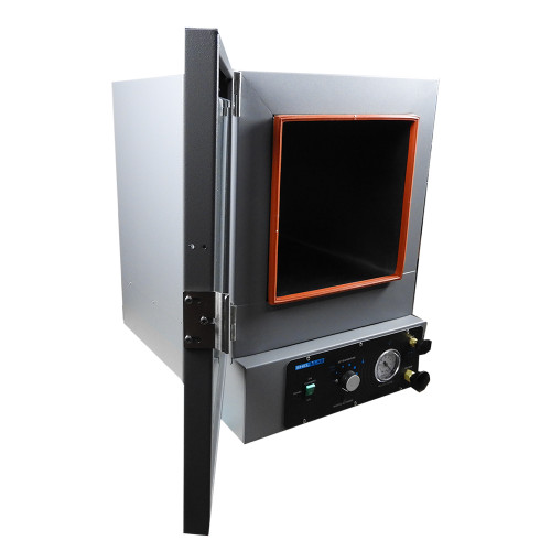 Grey Shel Lab economy vacuum oven with open door, showing orange gasket and control panel.