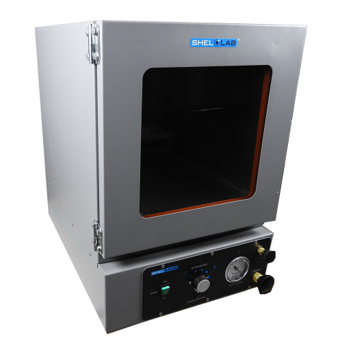 SHEL LAB economy vacuum oven in gray with glass door window and control panel.