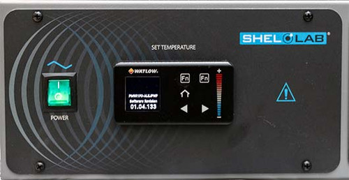 Control panel of a Shel Lab vacuum oven, featuring a green power switch and a Watlow digital temperature controller.