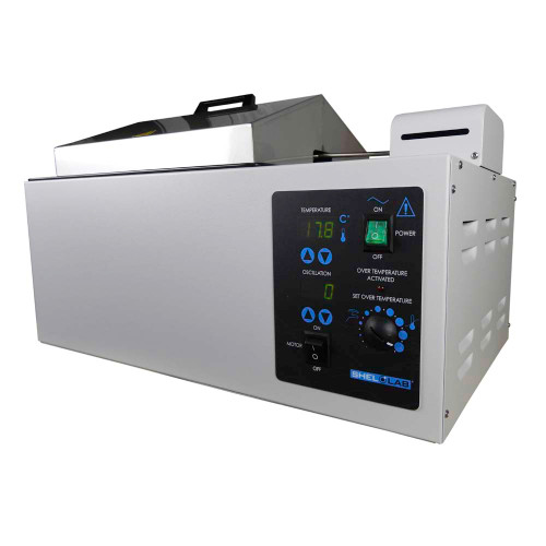 Shel Lab 17L reciprocating water bath with stainless steel gable cover and digital control panel.