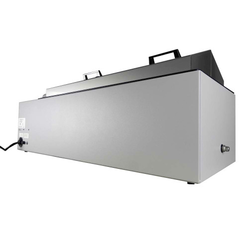 Side view of Sheldon Manufacturing water bath with gray exterior and black gable cover.