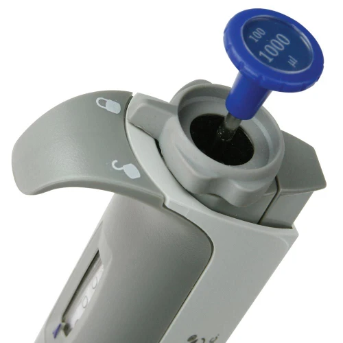 Close-up of a grey and blue Globe Scientific DiamondAPEX pipette top with volume locking mechanism.