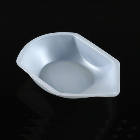 White anti-static plastic weighing boat with pour spout, angled view against a black background.