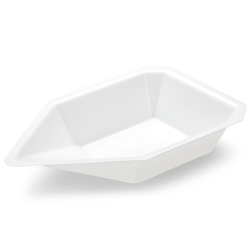 White antistatic plastic weighing boat with a pour spout, viewed from an angle.