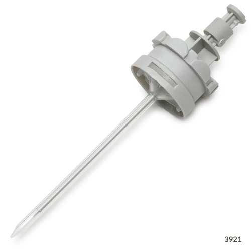 A light gray plastic repeat pipettor dispenser tip with a long, clear plastic needle against a white background.