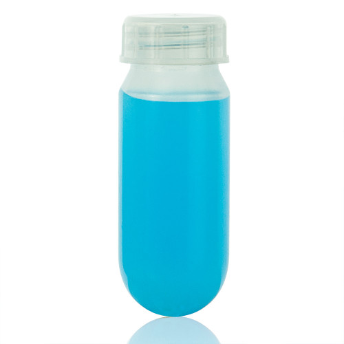An upright translucent plastic Oak Ridge centrifuge tube filled with bright blue liquid, featuring a matching screw cap.