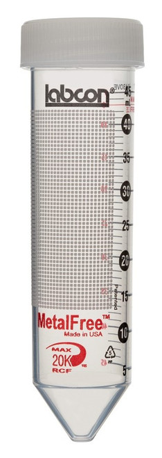 Clear 50mL Labcon centrifuge tube with white cap, volume markings, and a grey writing area.