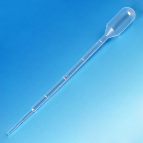 A clear plastic disposable transfer pipet with a small bulb and graduated stem on a blue gradient background.