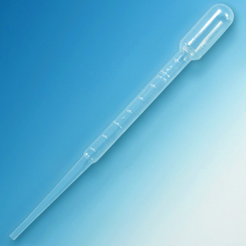 Clear plastic graduated transfer pipet angled on a blue background.
