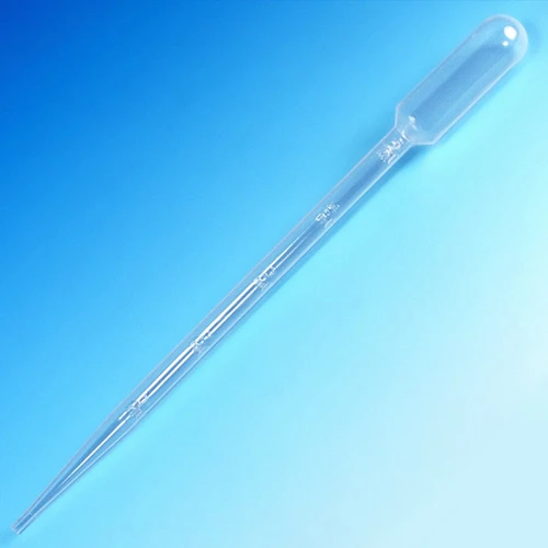 Clear plastic graduated transfer pipet angled on a blue gradient background.